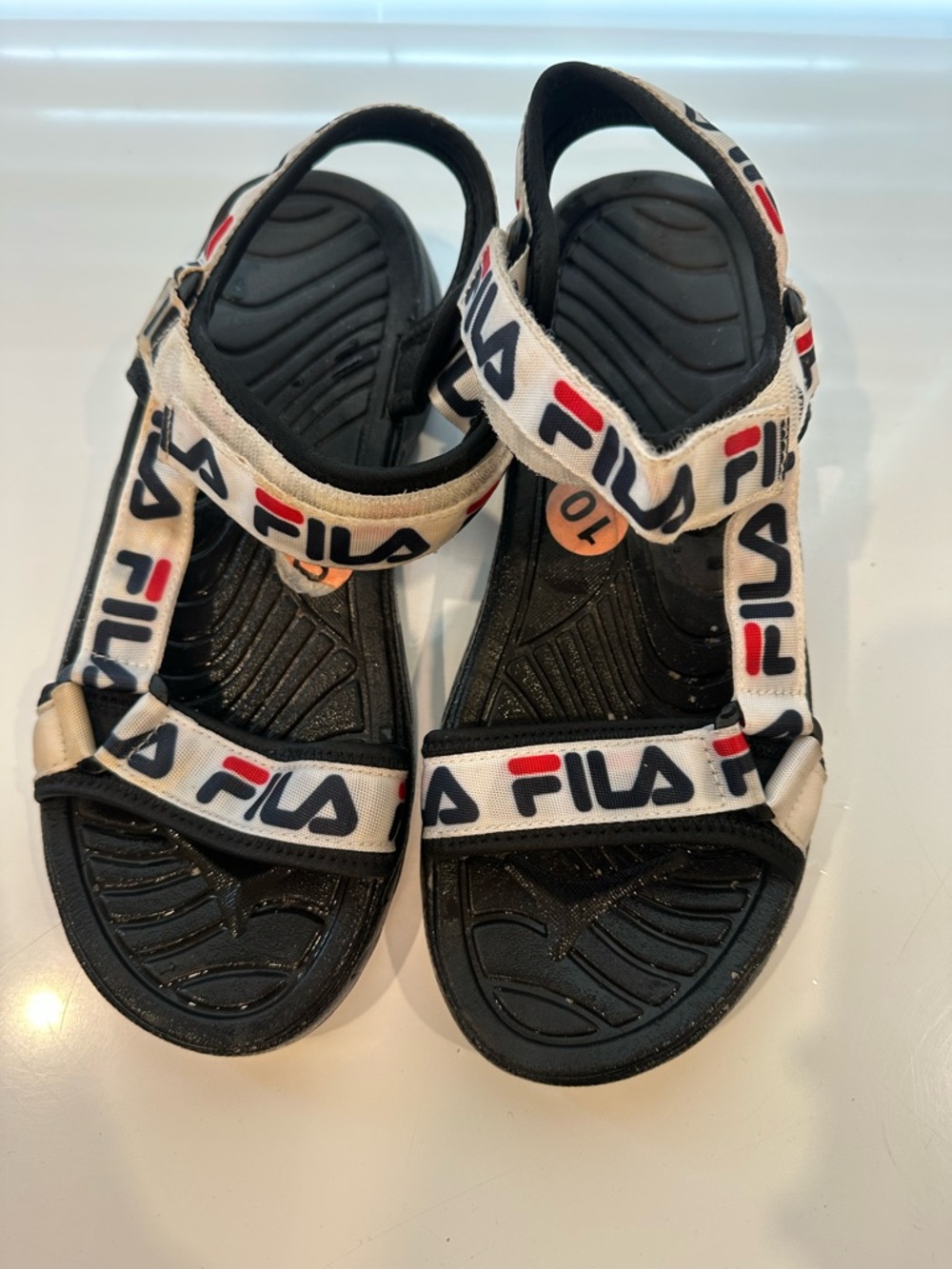 Fila Black Sandals with White and Red Logo Straps size 10